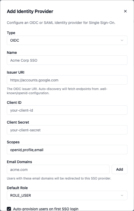 The Add Identity Provider dialog