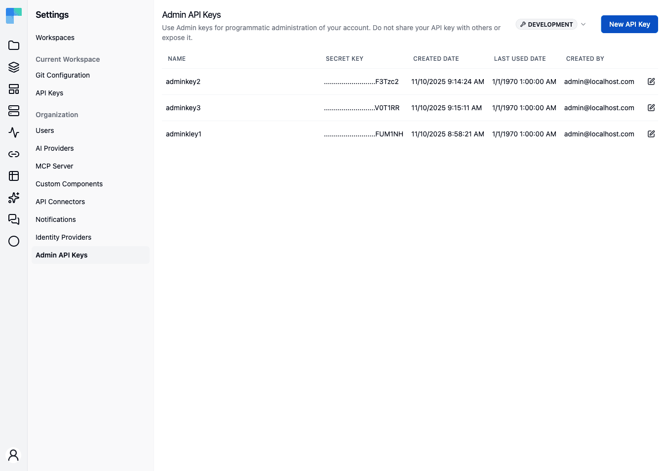 The Admin API Keys page — the environment selector, New API Key button, and the keys table