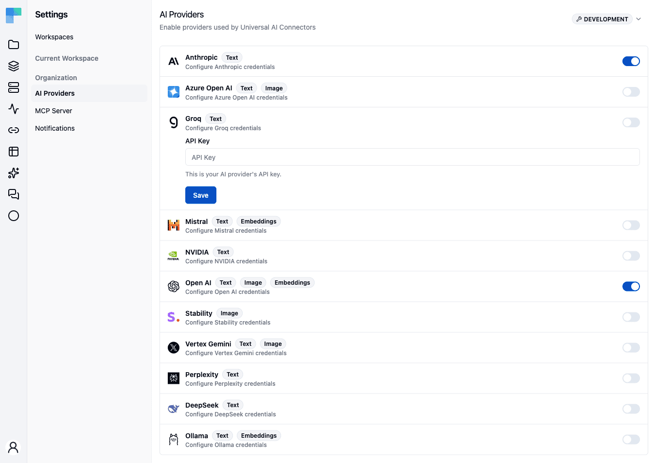 A provider expanded to show its API Key field