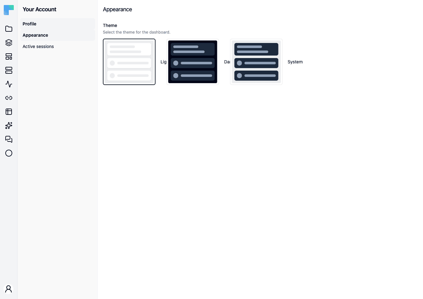 The Appearance page — the Light, Dark and System theme options