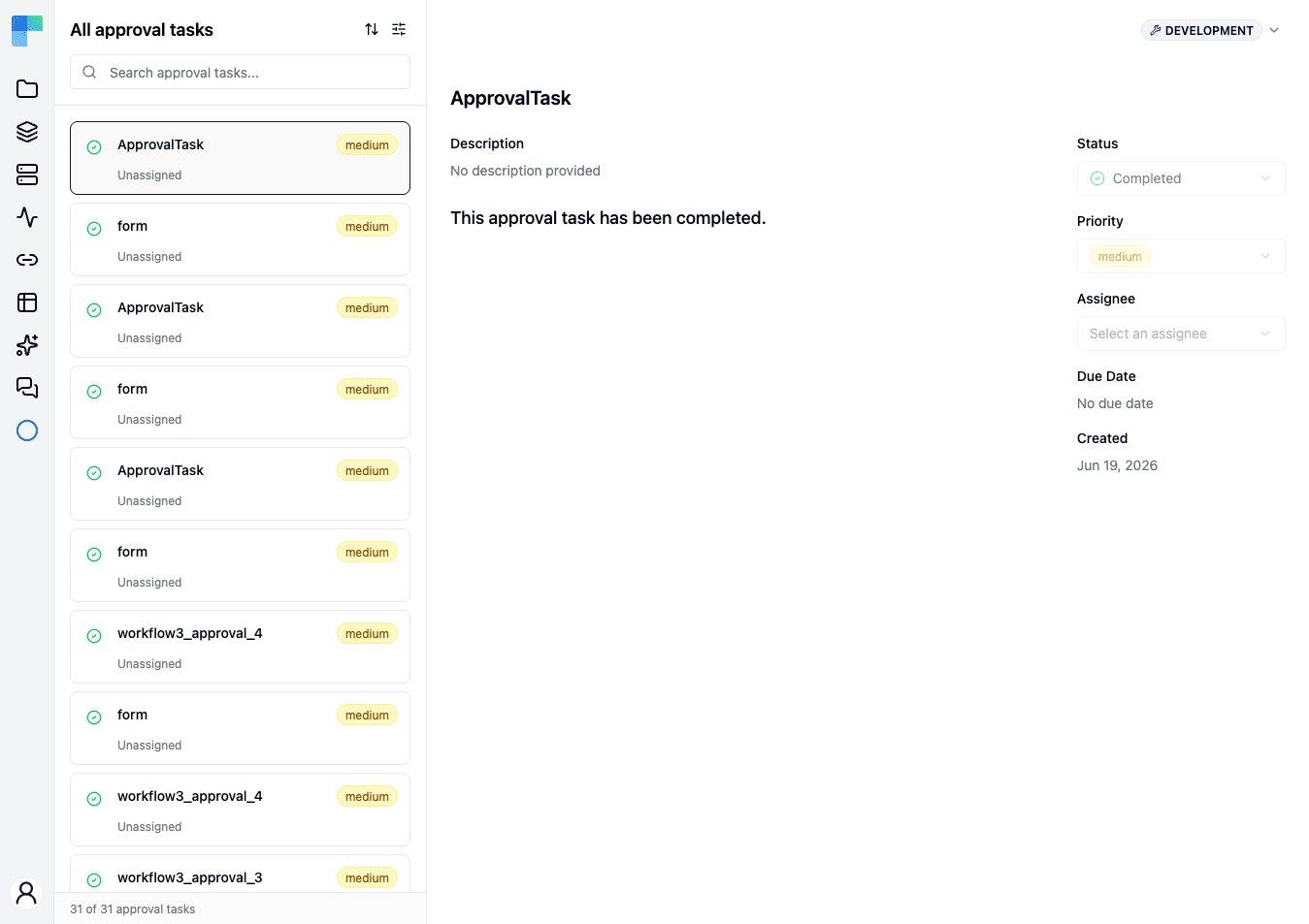 The Approval Tasks page — the task list on the left and the selected task's detail on the right