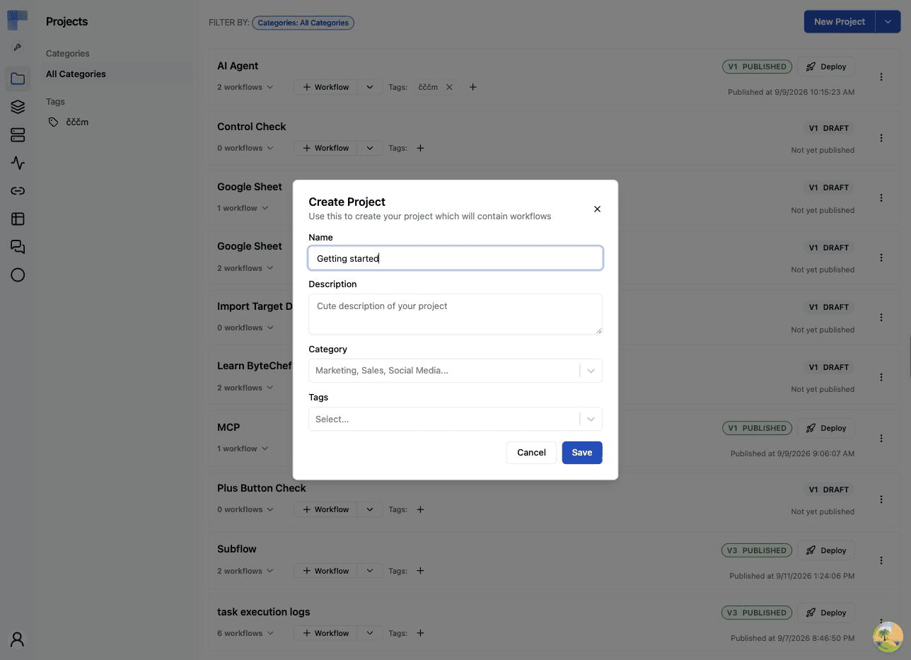The Create Project dialog with the name Getting started filled in