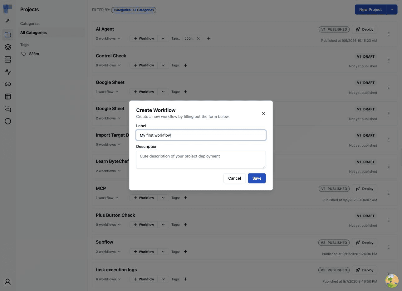 The Create Workflow dialog with a label filled in