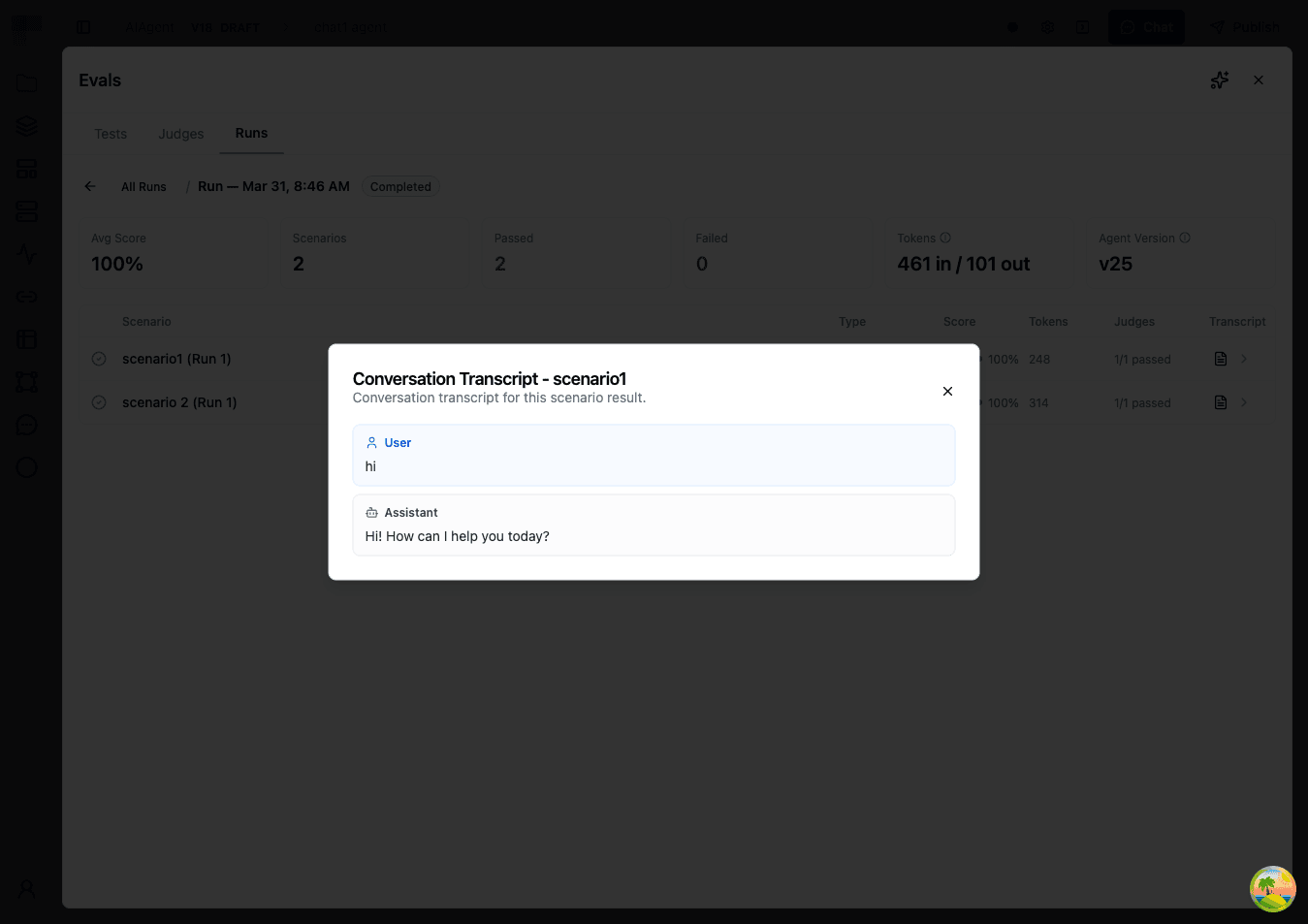 Transcript dialog