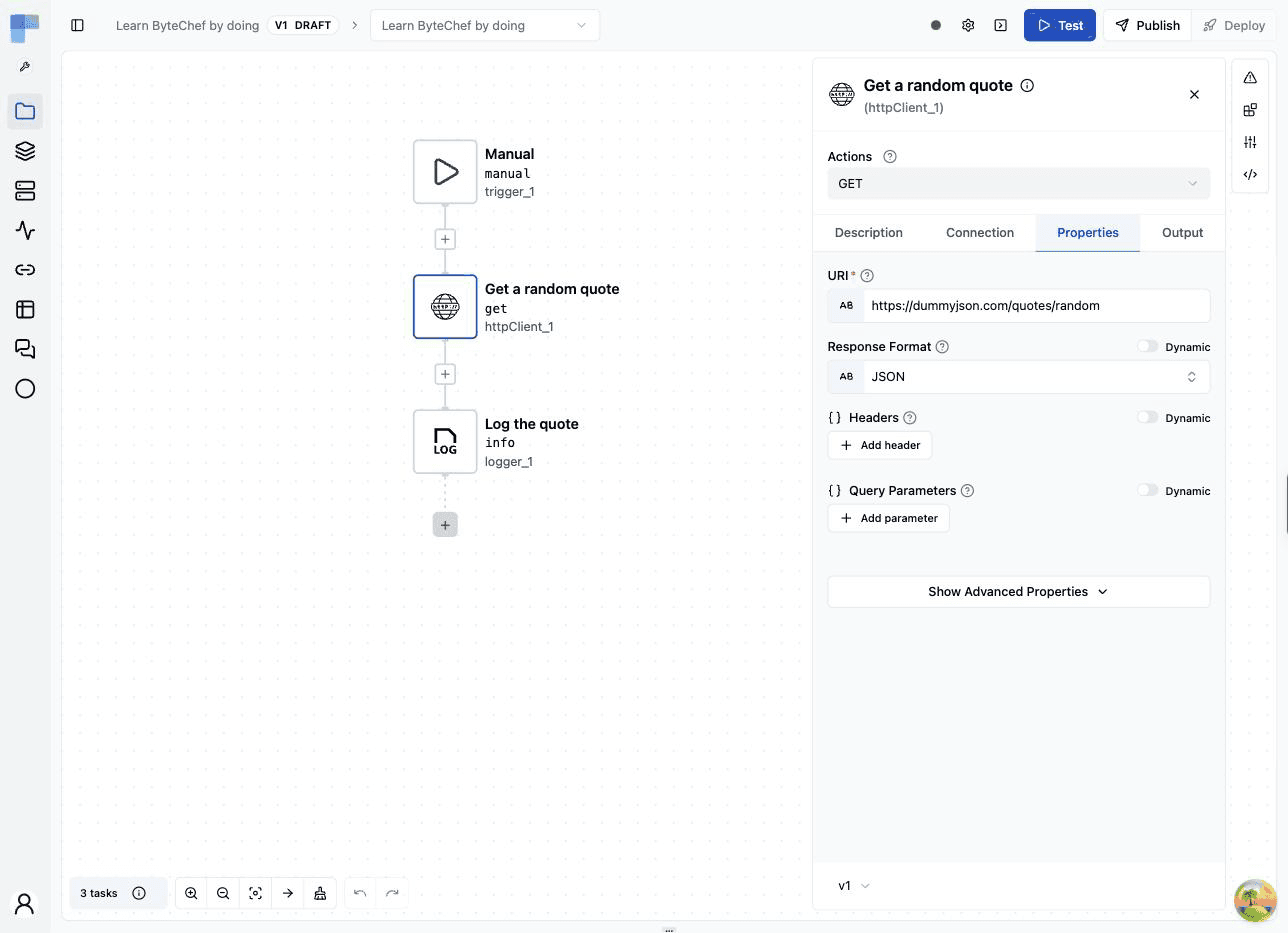 The HTTP Client step with the GET action and the URI filled in on the Properties tab