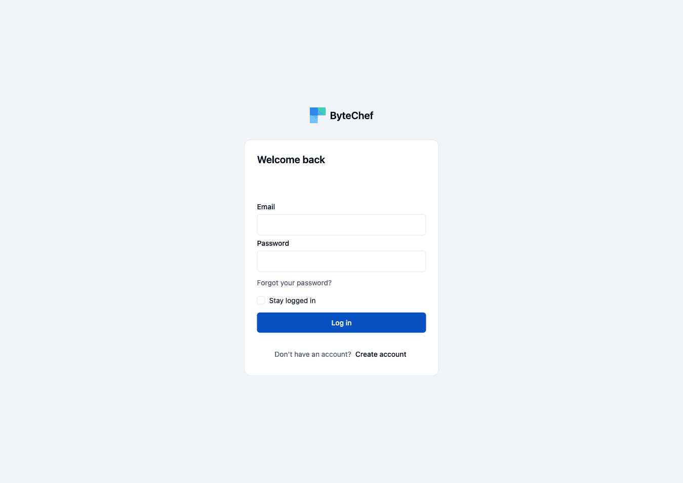 The ByteChef login screen on a fresh install, with the Create account link