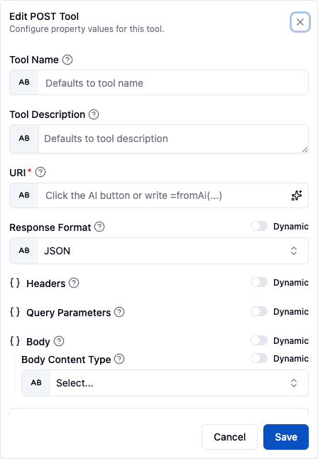 Tool properties panel for a component action, with Tool Name and Tool Description above the action's own parameters