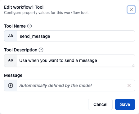 Workflow tool mapping panel showing Tool Name, Tool Description and one field per trigger input