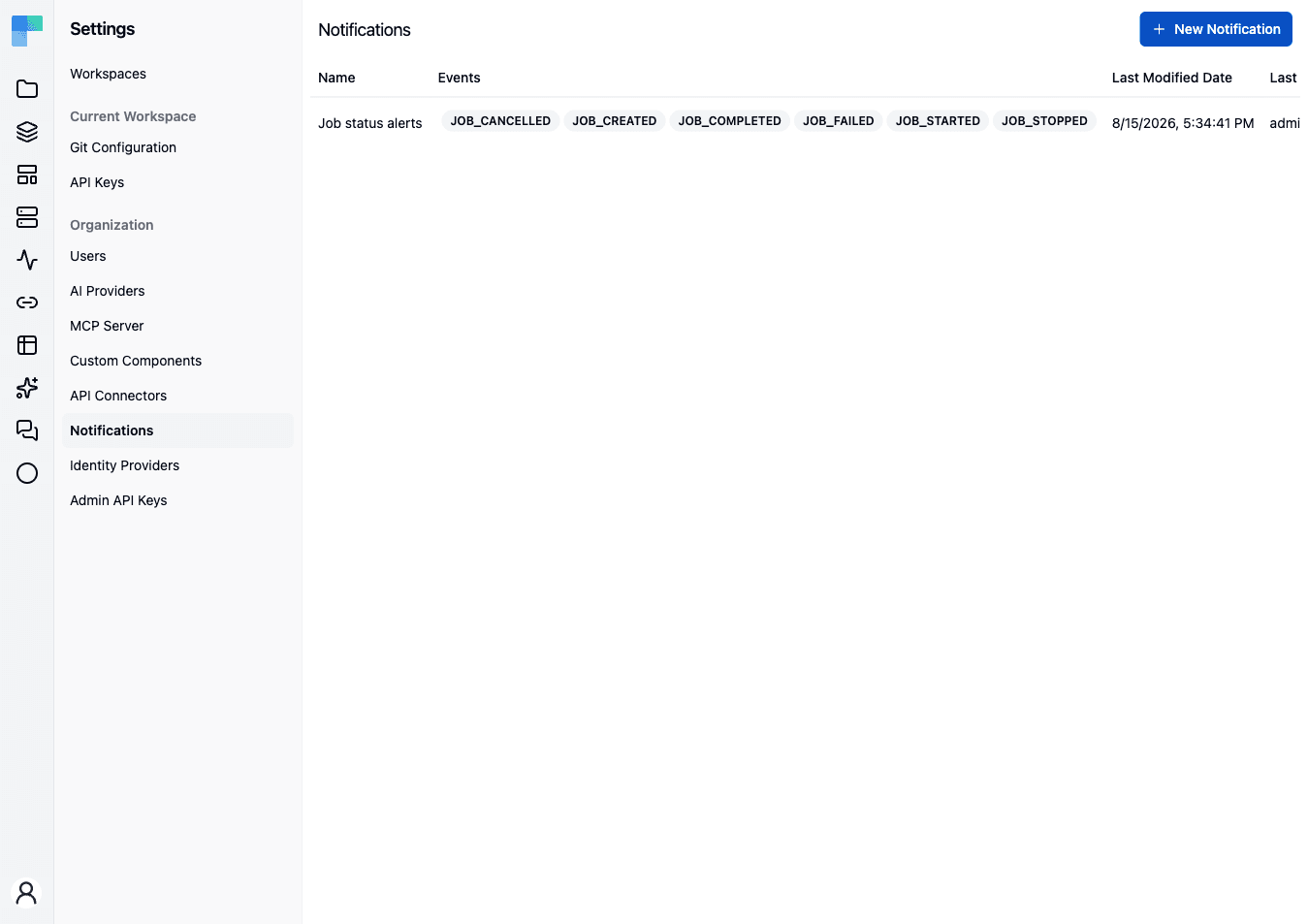 The Notifications page — each notification with the job events it fires on