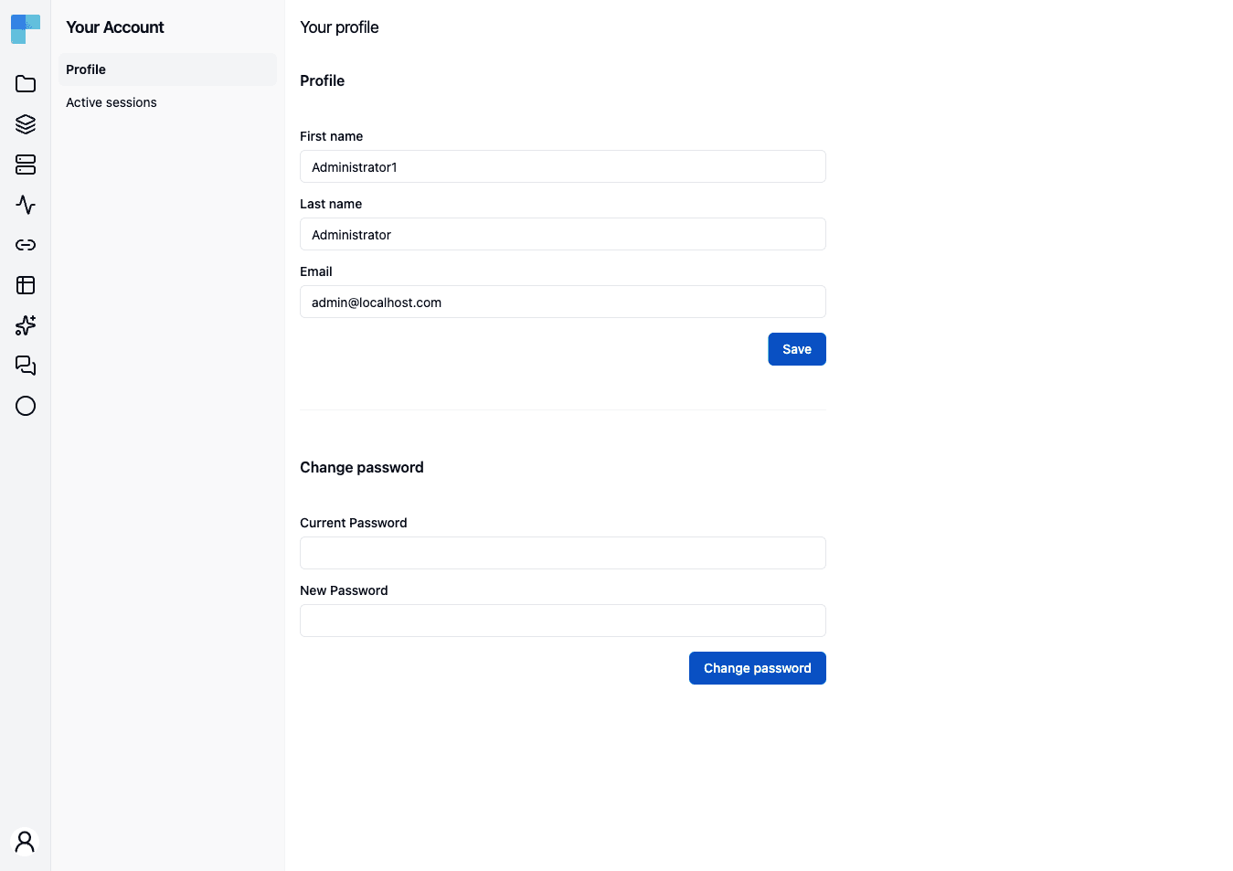The Profile page — the Profile and Change password sections