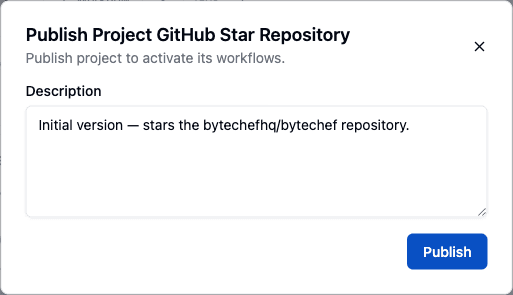 The Publish Project dialog with a version description