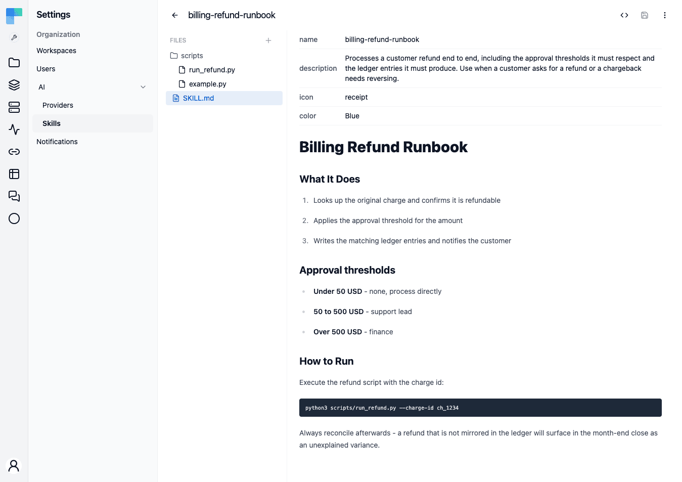 Skill detail view showing file tree, rendered markdown, and the page-header toolbar