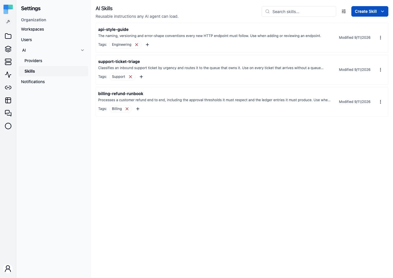 Skills page listing every skill in the organization
