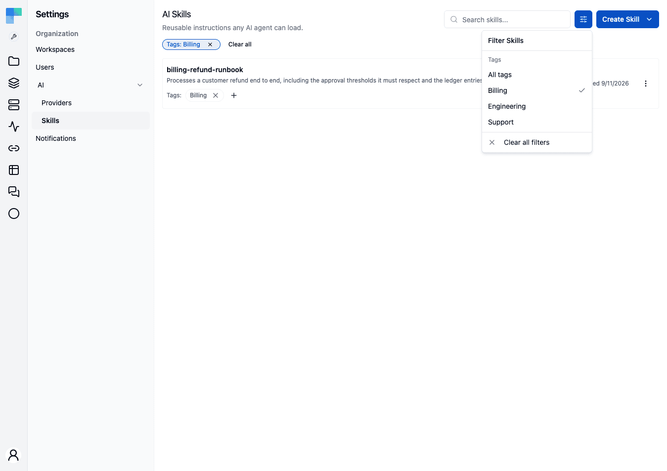 Skills list filtered to one tag, with the filter menu open