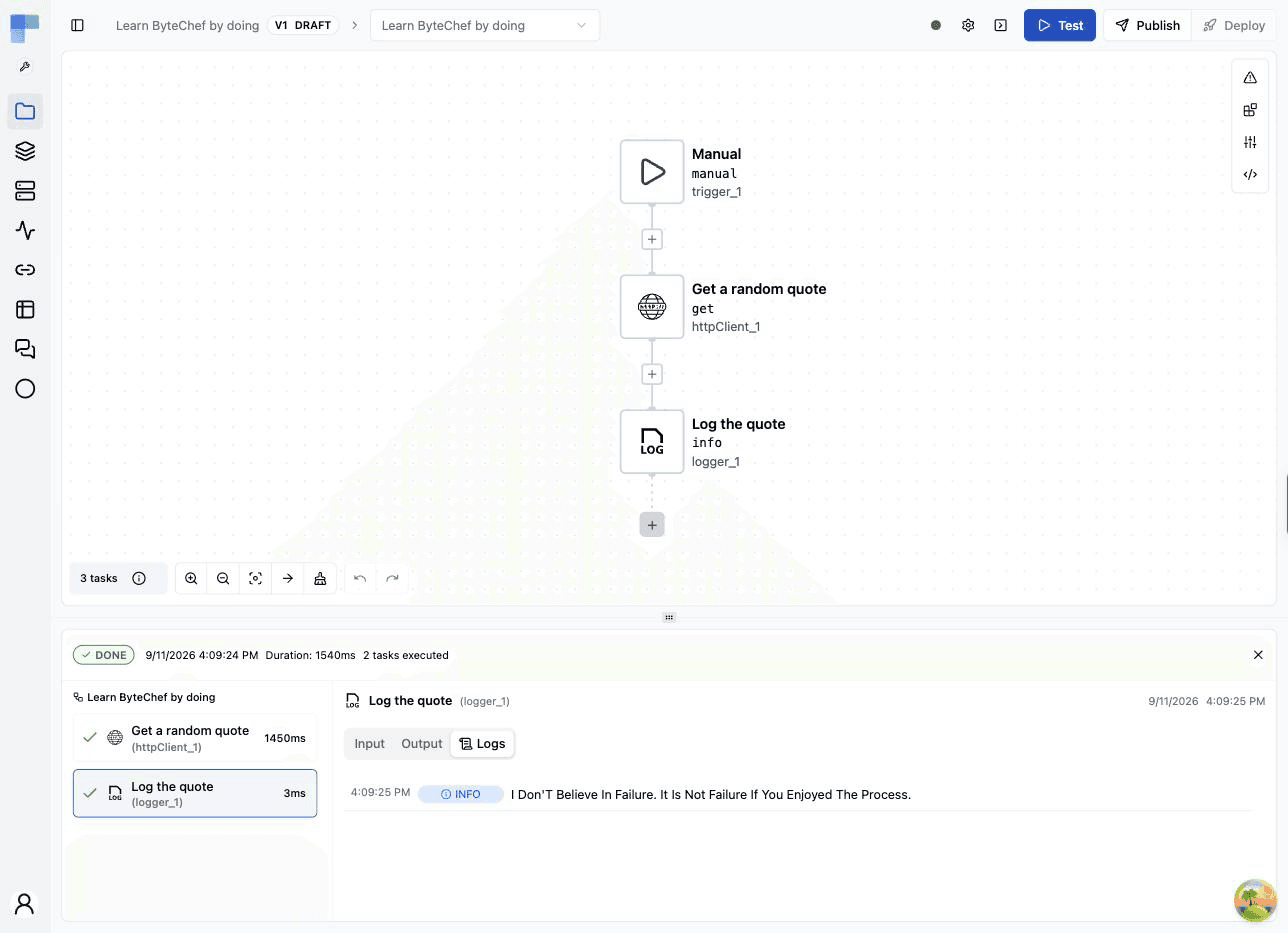 The execution panel after a successful test, with the Logger step selected and the quote in its Logs tab