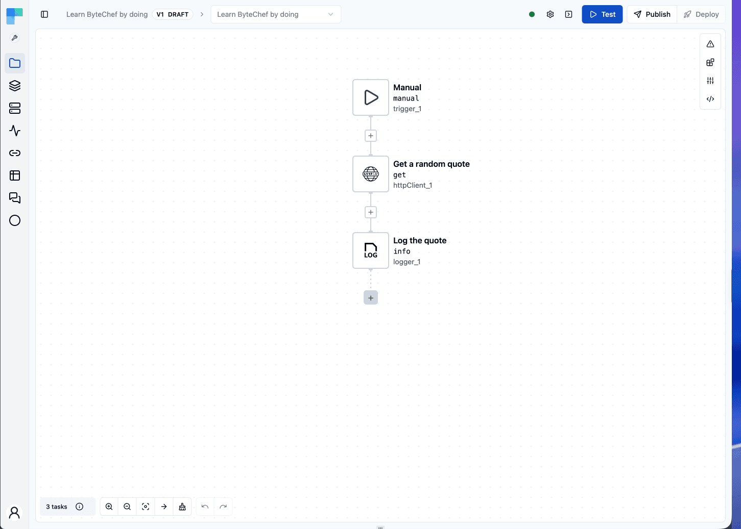 The finished workflow on the canvas: Manual trigger, Get a random quote, Log the quote