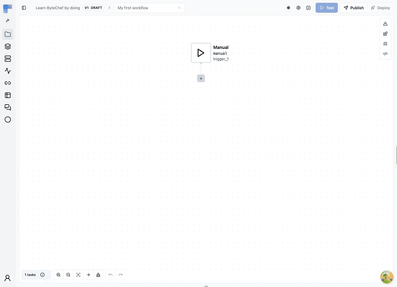 A new workflow in the editor, showing the Manual trigger and the + button