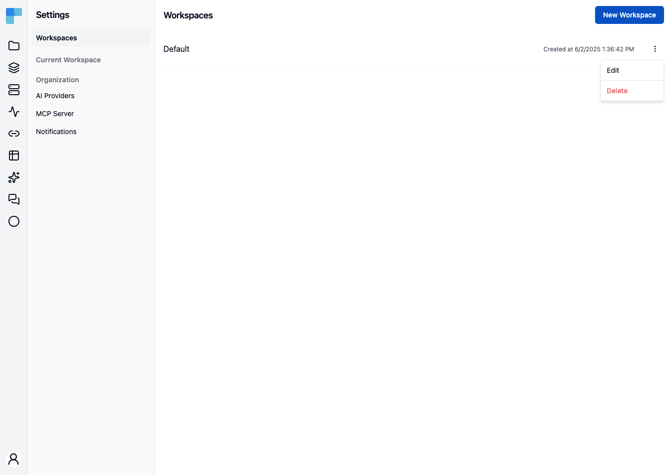 The Workspaces page, with a row's actions menu open