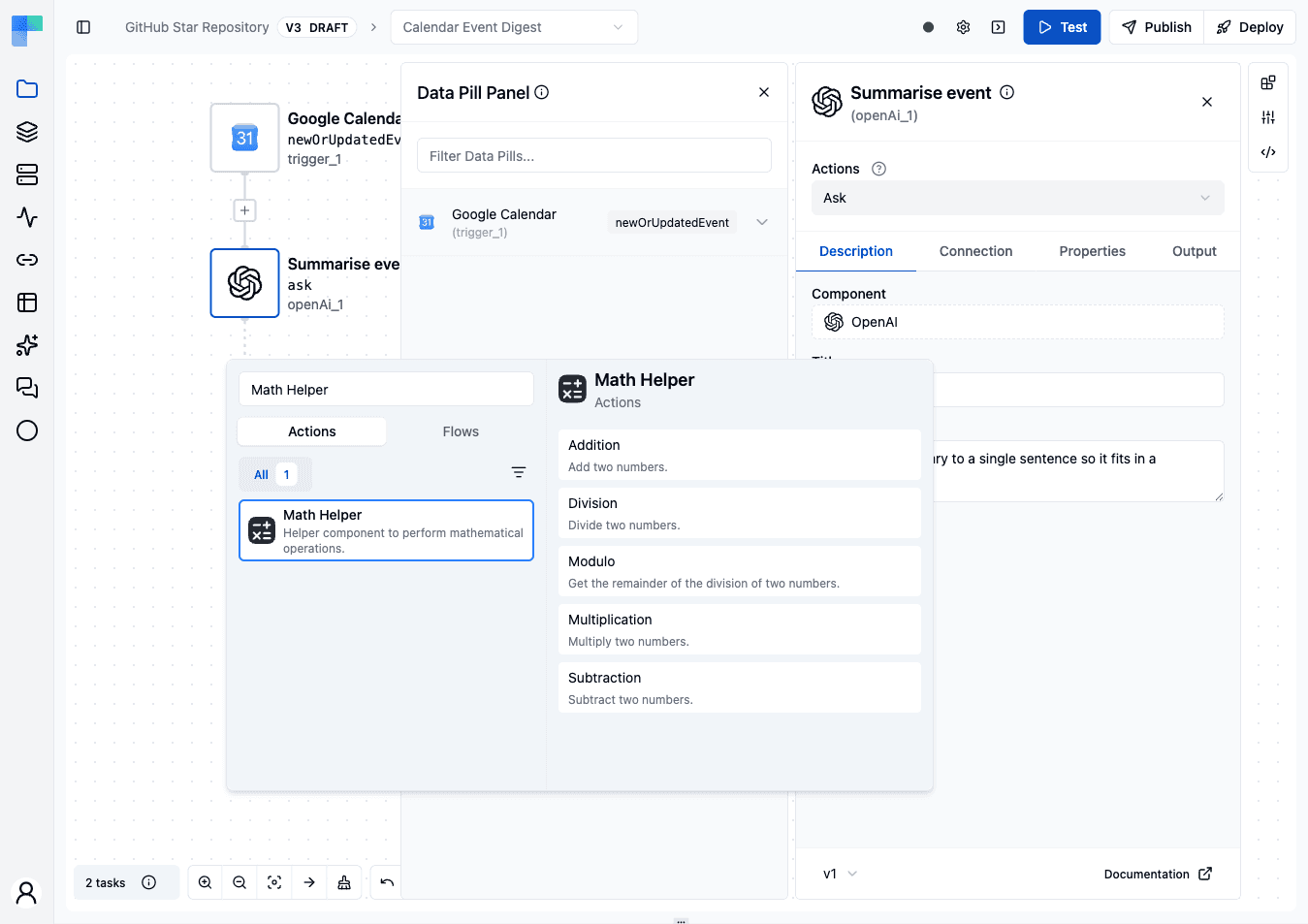 The component picker with Math Helper selected and its actions listed