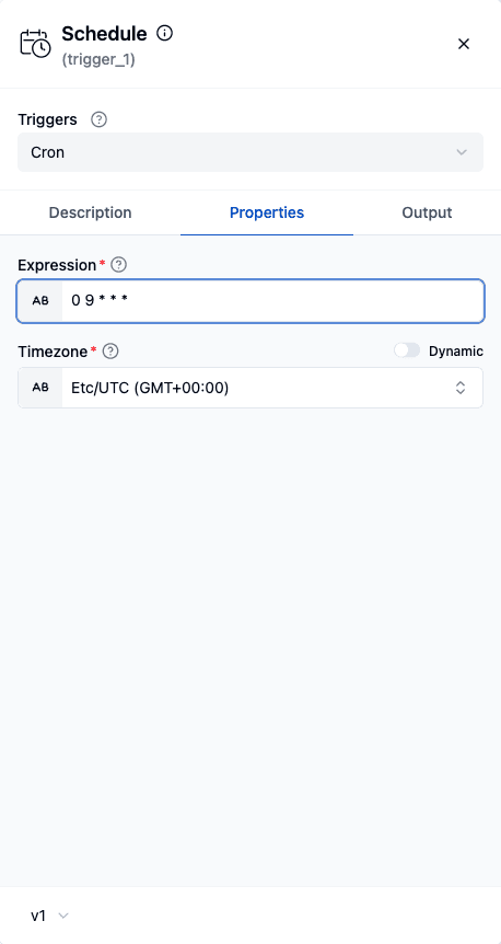 The Cron trigger's Properties tab with an expression and timezone