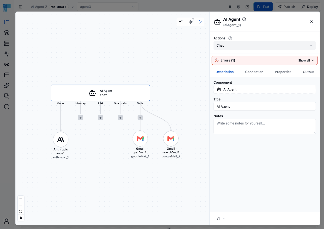The advanced editor — the Model, Memory, RAG, Guardrails and Tools slots, with a model and two tools wired in