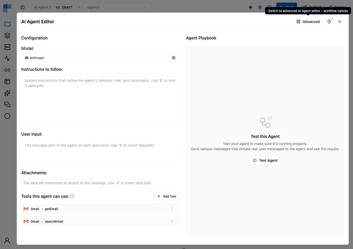 The AI Agent editor — Configuration on the left, the test panel on the right