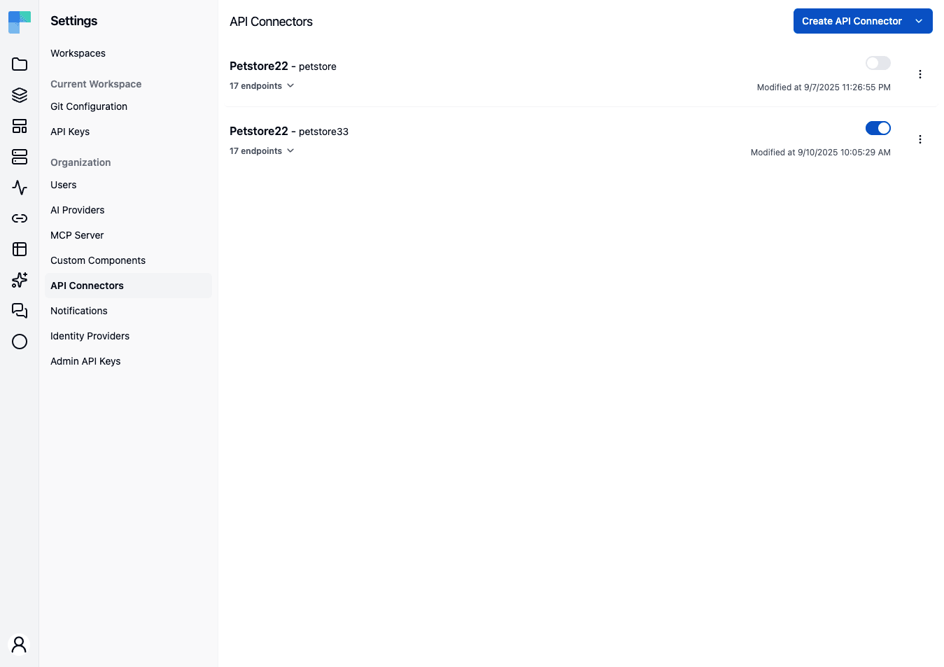 The API Connectors page — each connector with its endpoint count