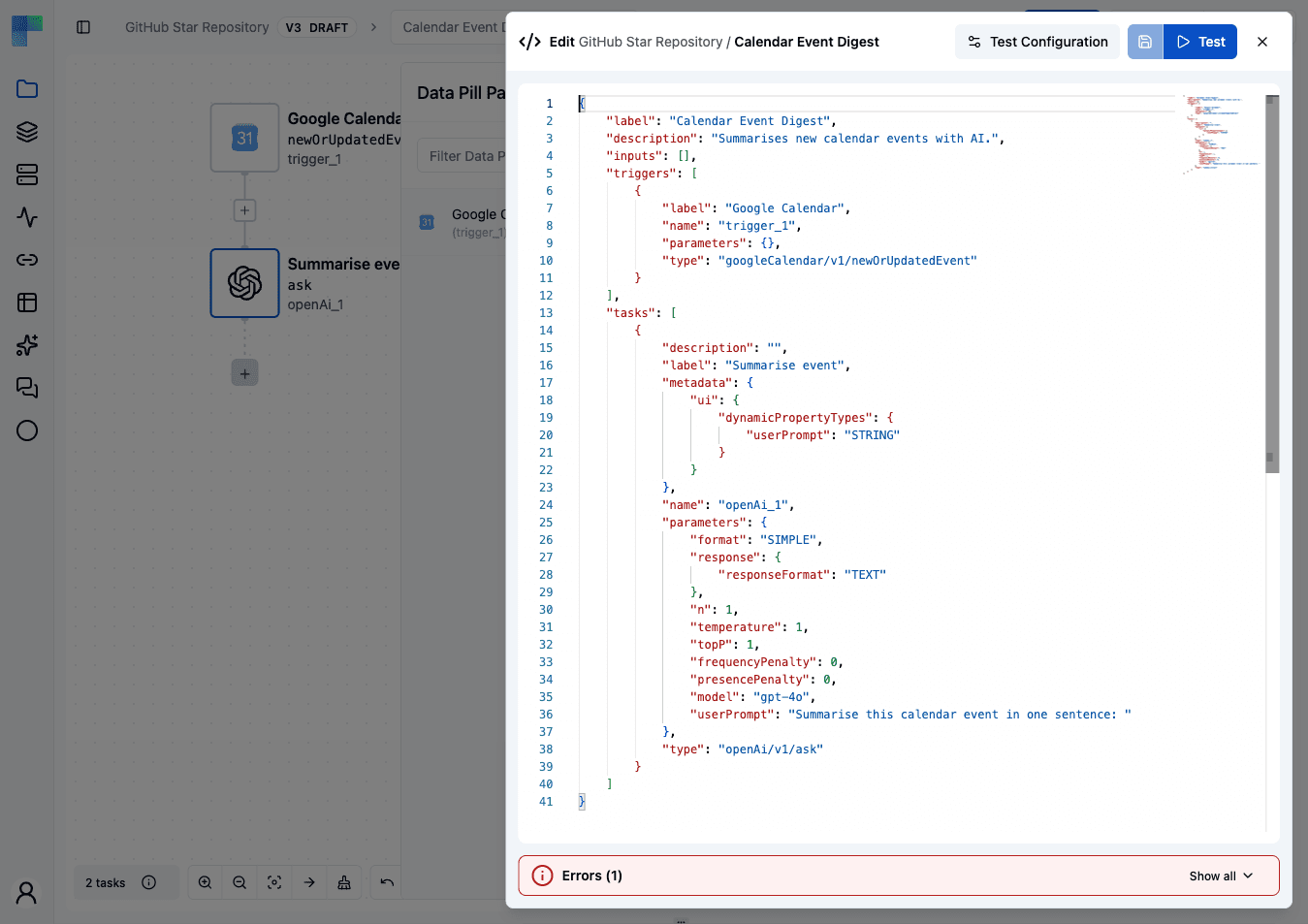 The workflow code editor, showing the trigger and task definitions
