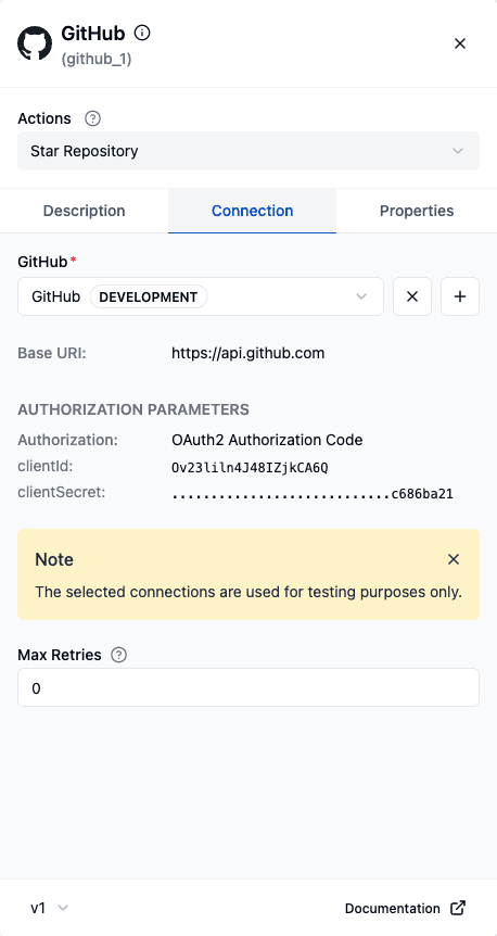 The GitHub node's Connection tab with a connection selected
