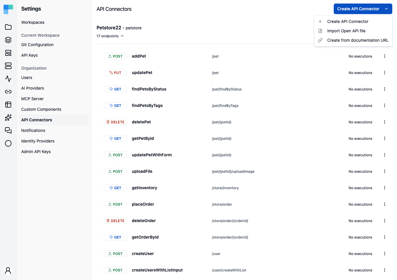The Create API Connector dropdown — Create API Connector, Import Open API file, and Create from documentation URL