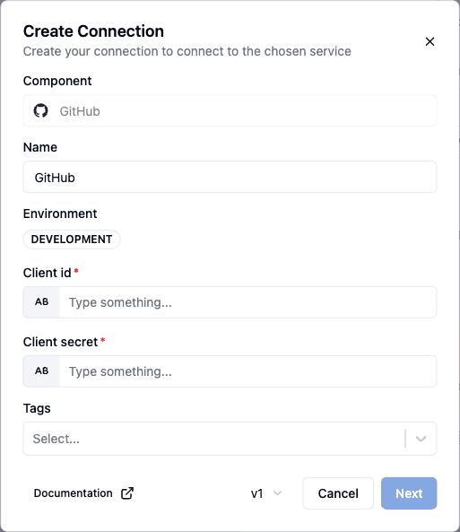 The Create Connection dialog for GitHub, with Name, Client id and Client secret fields