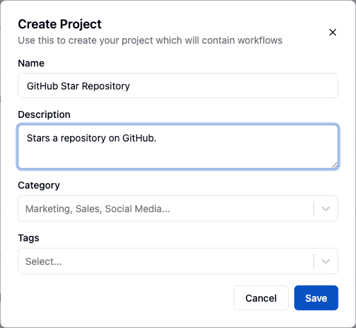 The Create Project dialog with a name and description filled in