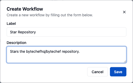 The Create Workflow dialog with a label and description filled in
