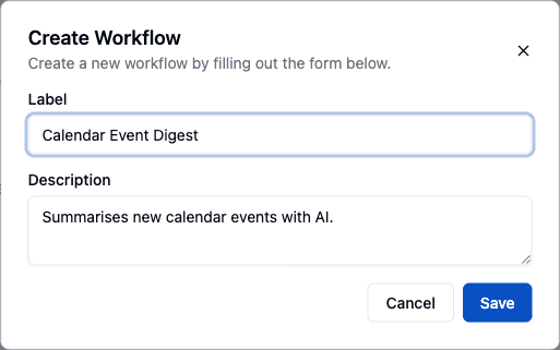 The Create Workflow dialog