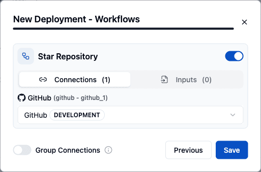 A workflow's Connections tab, mapping each component to a connection
