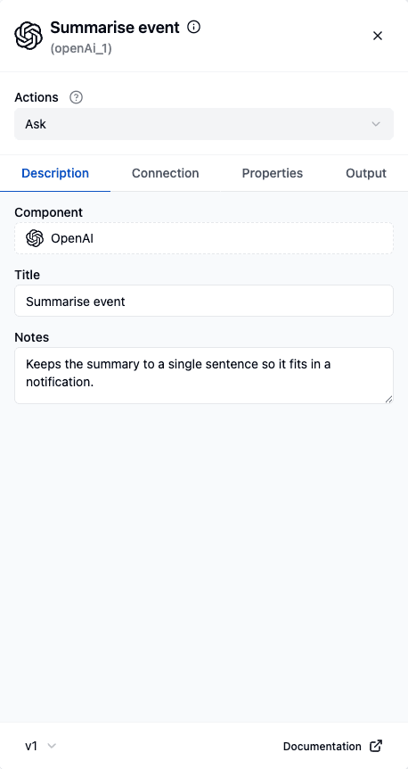A component's Description tab, with its title and notes edited