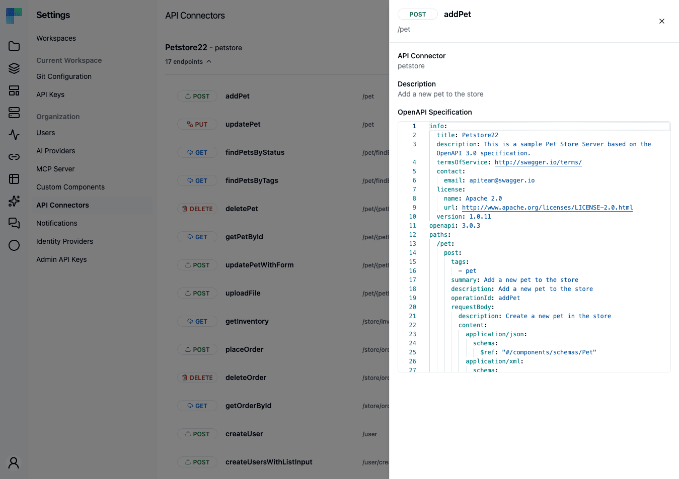 An endpoint's detail panel — method, path, connector, description and the read-only spec