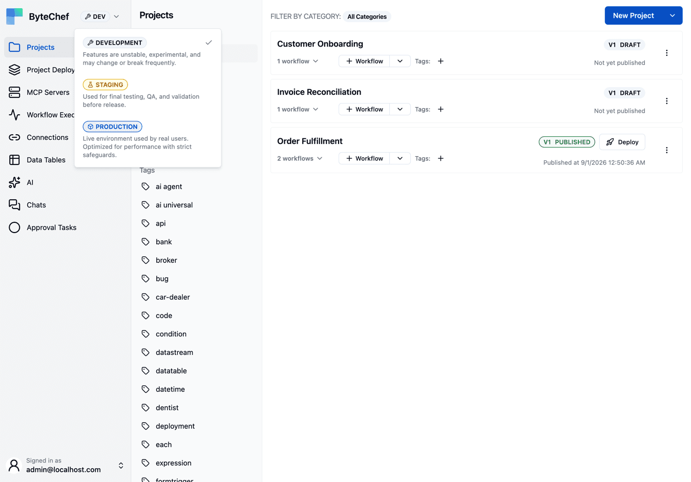 The open selector, listing Development, Staging and Production with a description for each and a check against the current one