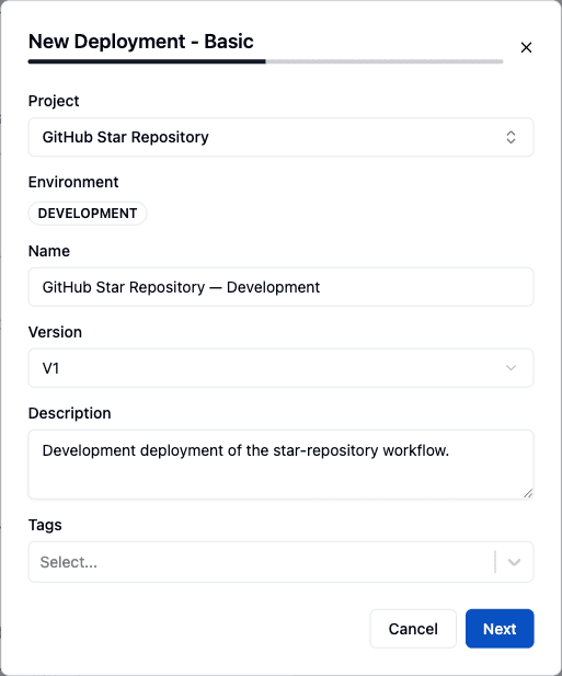 The New Deployment dialog with a project and published version selected