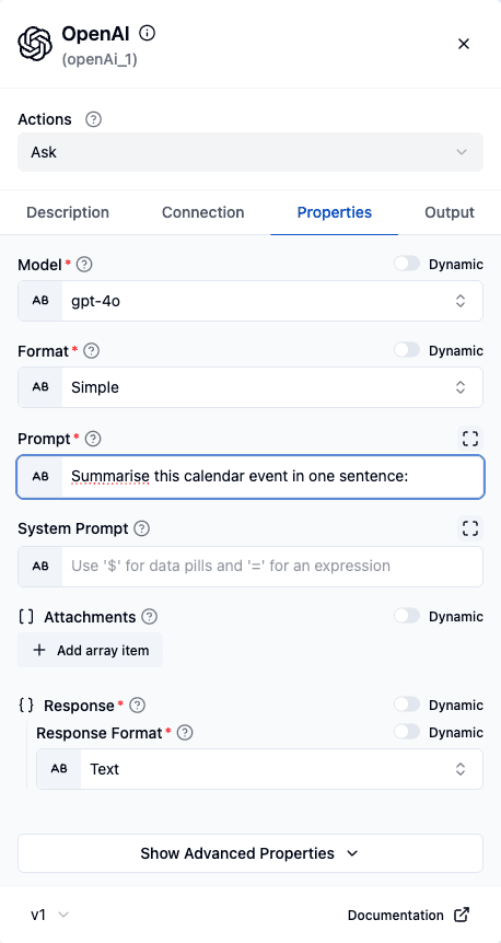 The OpenAI Ask action's Properties tab, with a model and prompt set