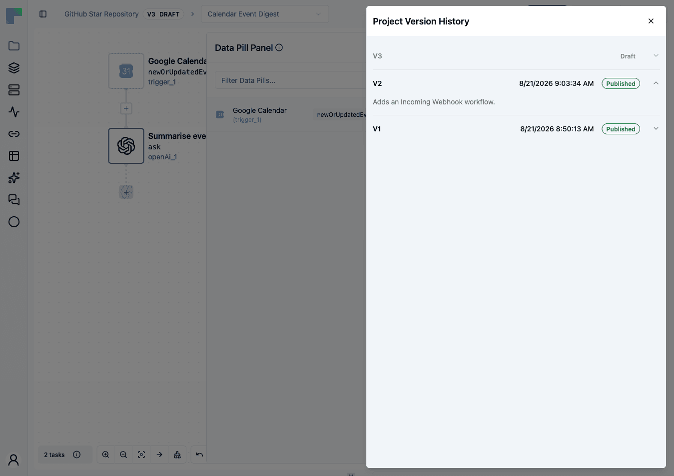 Project Version History, listing the draft and each published version