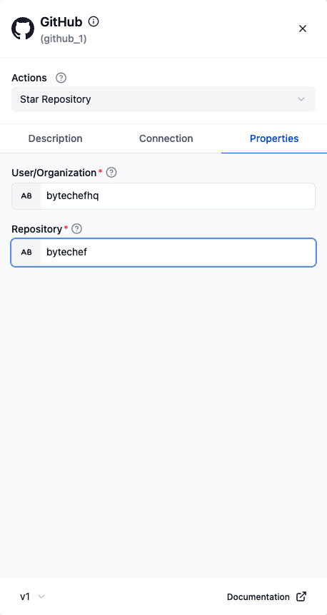 The Star Repository action's Properties tab, filled in with bytechefhq and bytechef