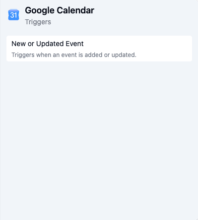 Google Calendar's trigger list, with New or Updated Event