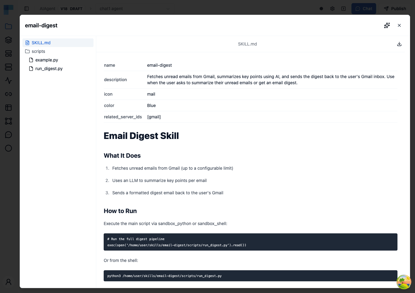 Skill detail view showing file tree, rendered markdown, and the page-header toolbar