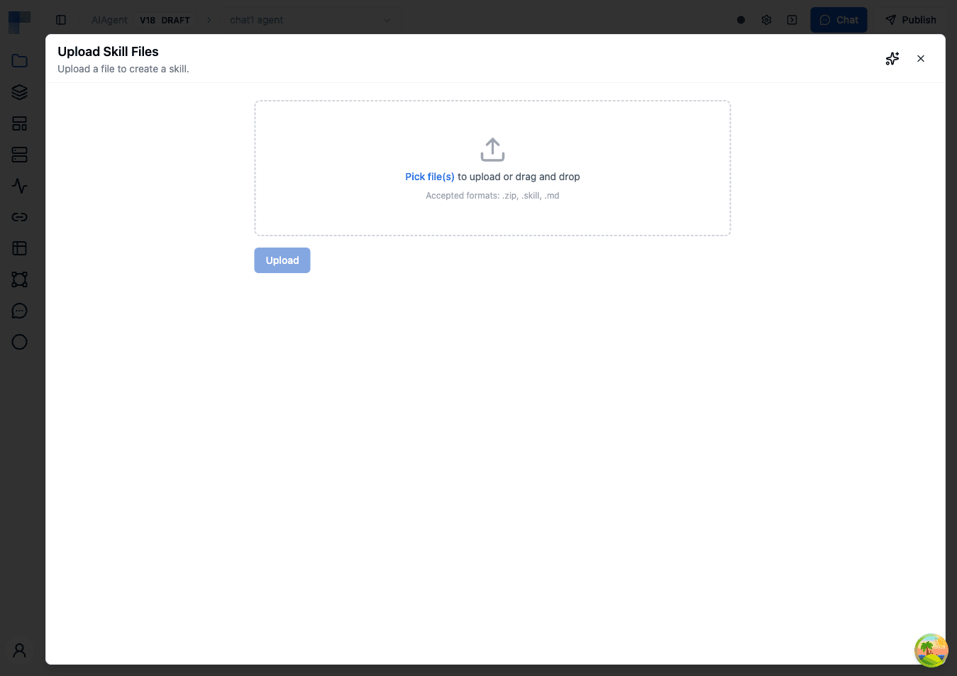 Upload Skill Files dialog with drag-and-drop zone
