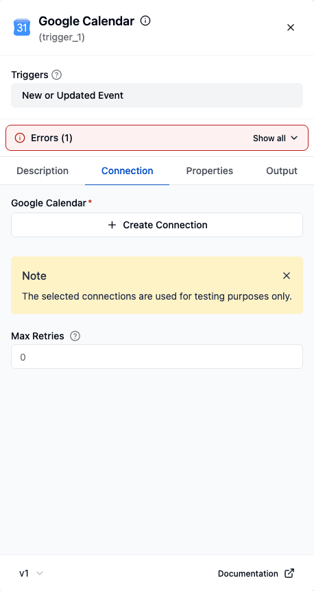 The trigger's Connection tab, prompting you to create a connection