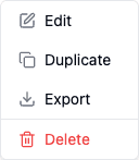 A workflow's actions menu, showing Edit, Duplicate, Export and Delete