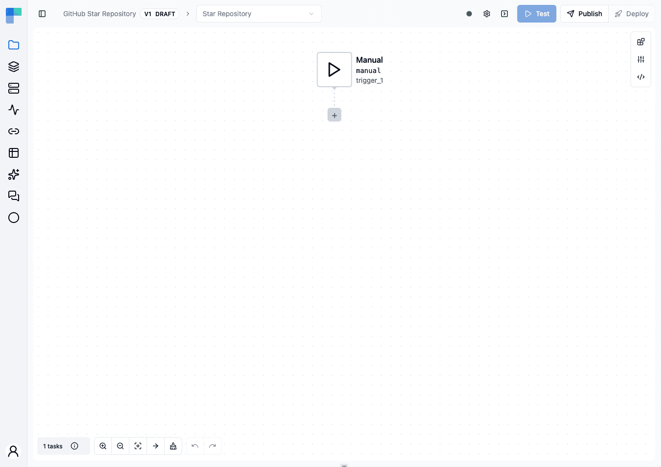 A new workflow in the editor, showing the Manual trigger and the + button