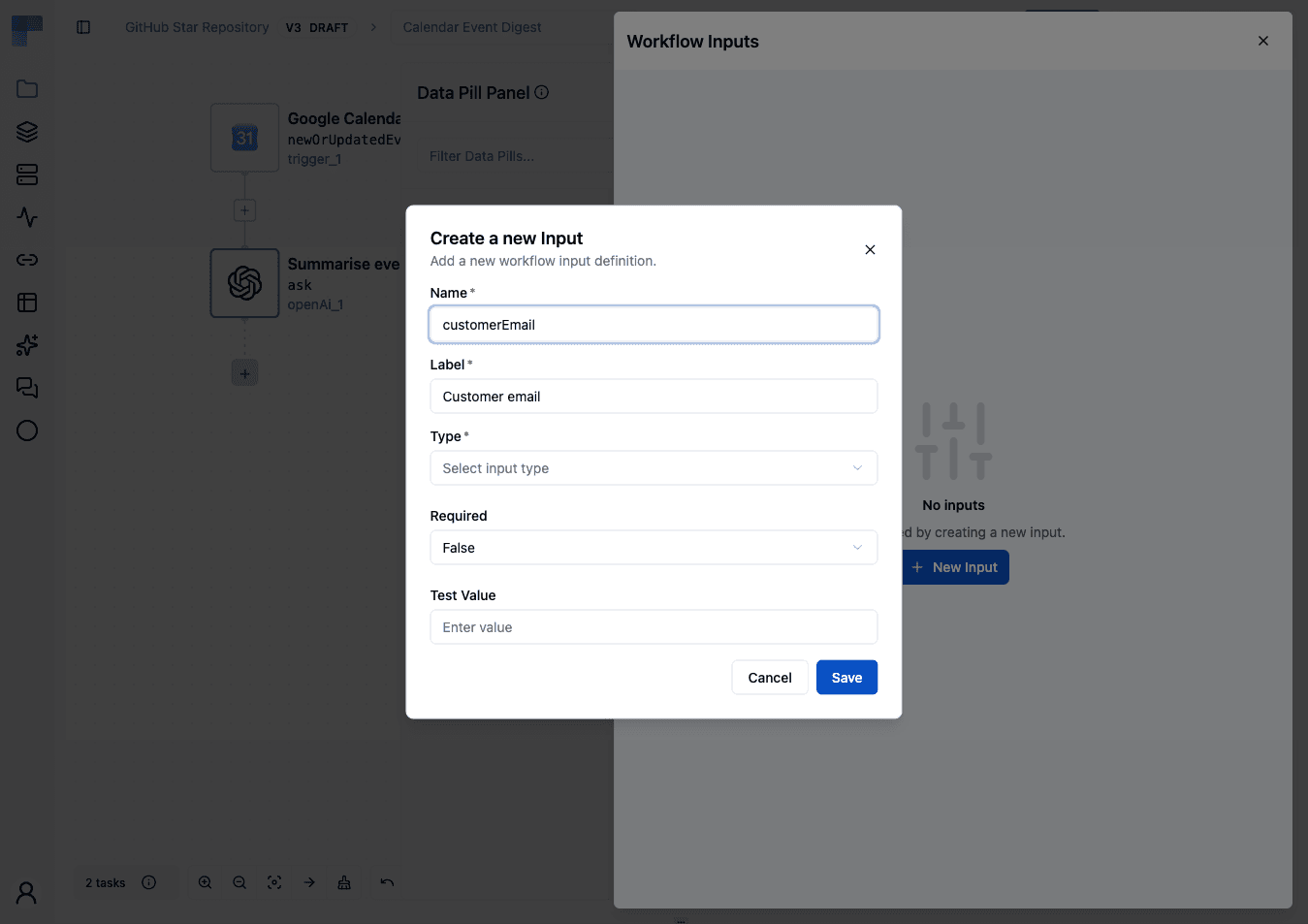 The Workflow Inputs sheet with the Create a new Input dialog open