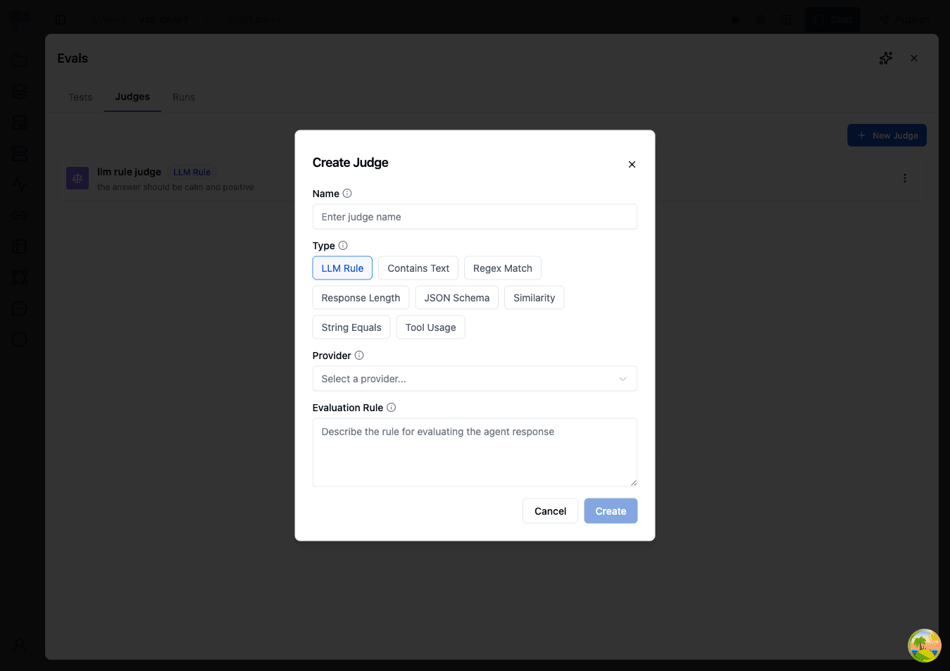Create agent judge dialog